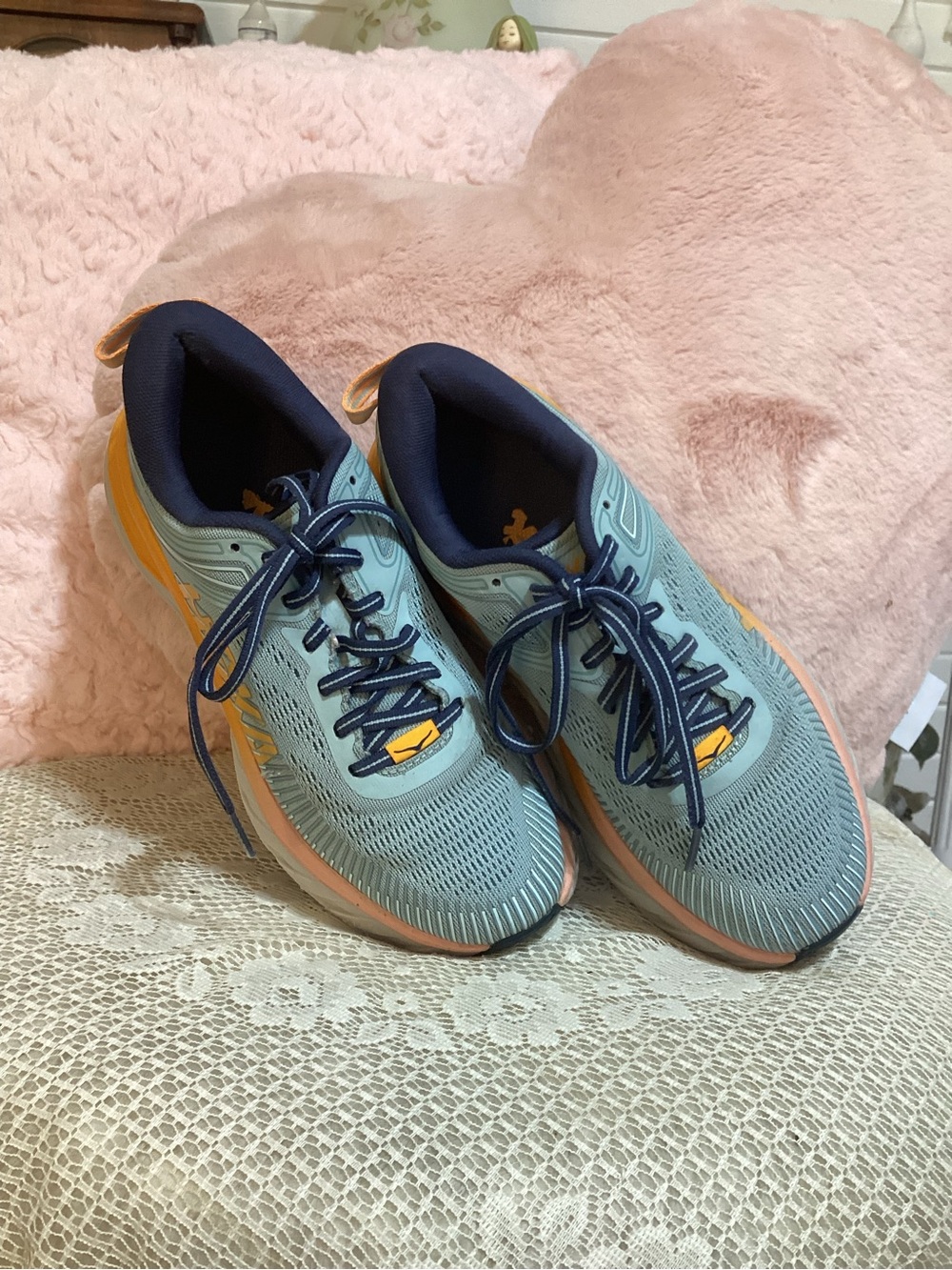 Hoka One One Light Blue Athletic Sneakers with Navy Trim & Yellow Accents